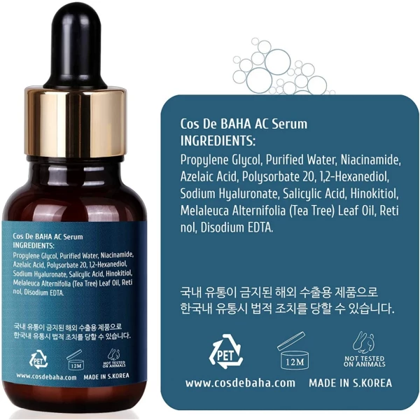 Сыворотка против акне Cos de Baha Acne Treatment Serum Azelaic acid 5%, Niacinamide 10%, Salicylic Acid, Retinol, Tea Tree, 30мл