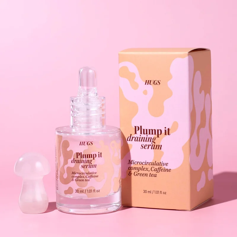 Набор противоотечная сыворотка и массажный грибочек Hugs Plump it draining serum + Rose quartz massage mushroom